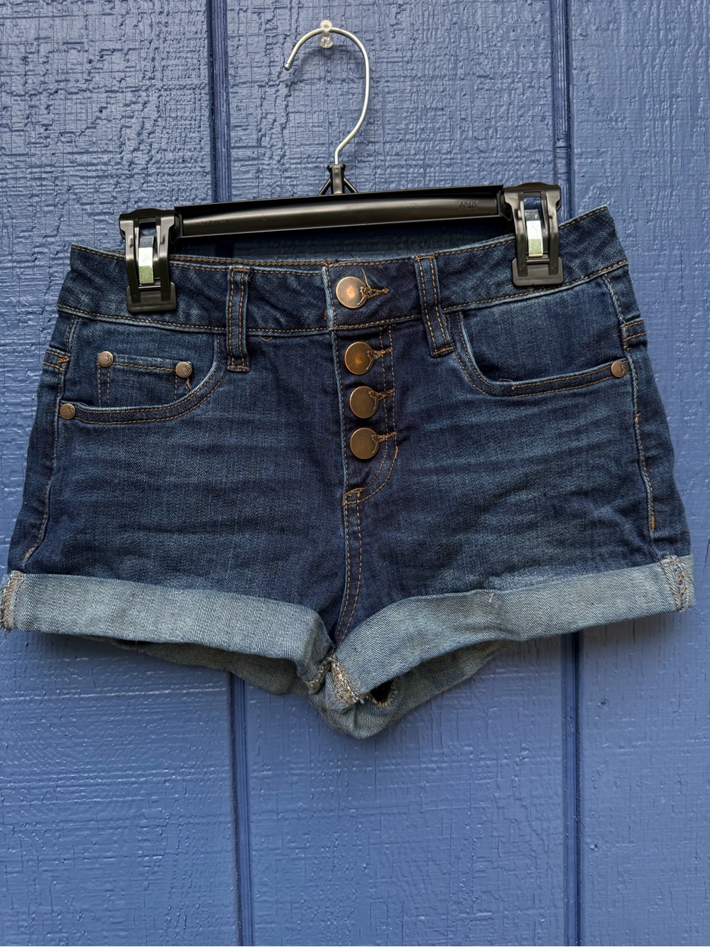 Dollhouse Dark Blue Denim Button-Front Roll Cuff Shorts